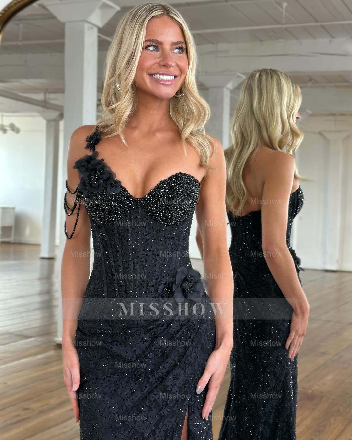 Stunning Black Sweetheart One Shoulder Beaded Column Prom Dress with Slit