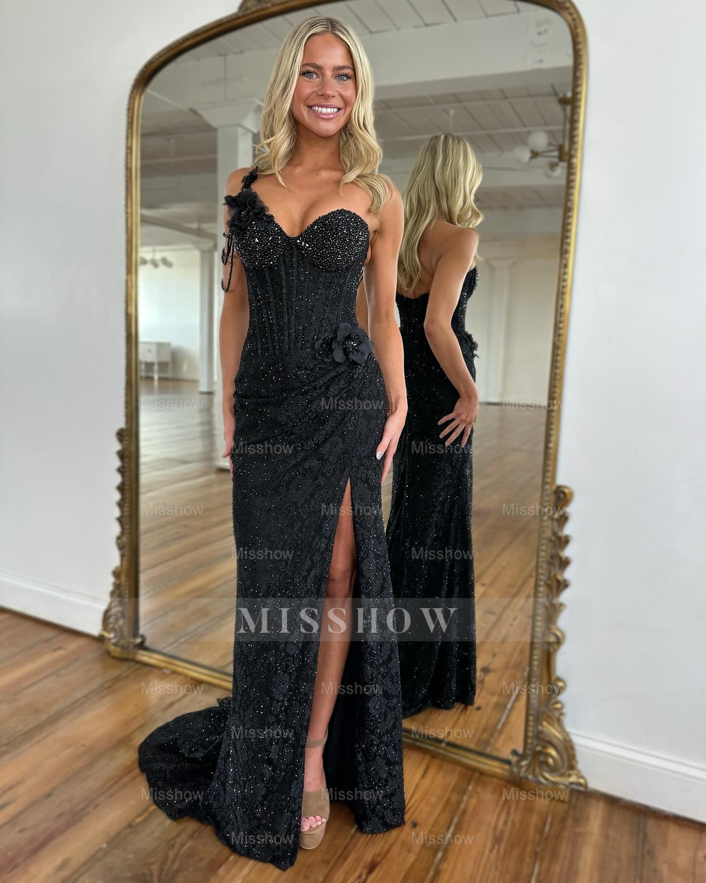 Stunning Black Sweetheart One Shoulder Beaded Column Prom Dress with Slit