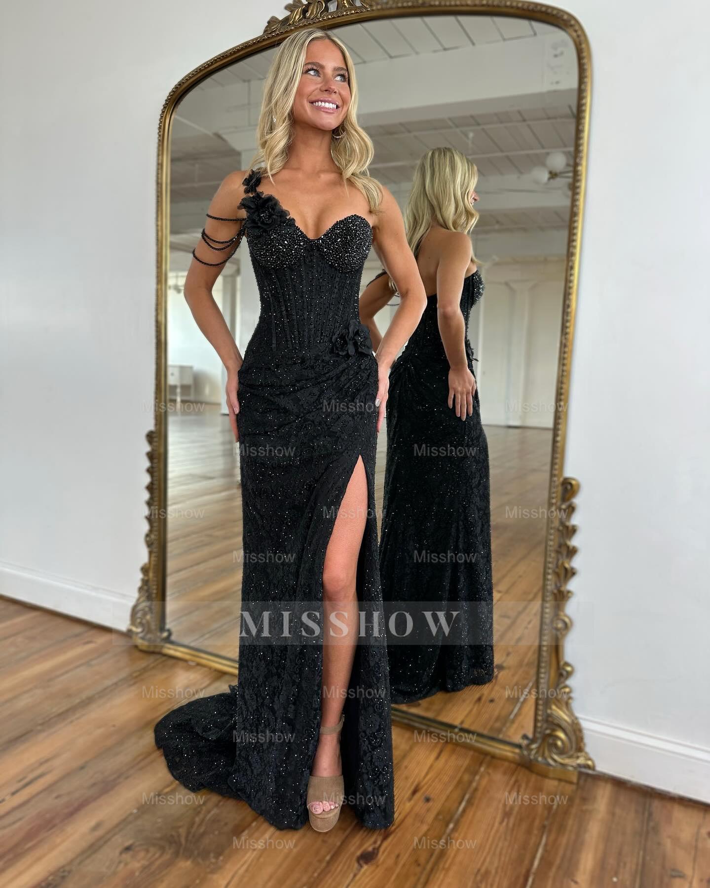 Stunning Black Sweetheart One Shoulder Beaded Column Prom Dress with Slit