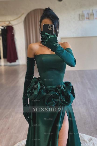 Stunning Dark Green Strapless A-Line Sleeveless Split Front Long Ruffles Satin Prom Dresses