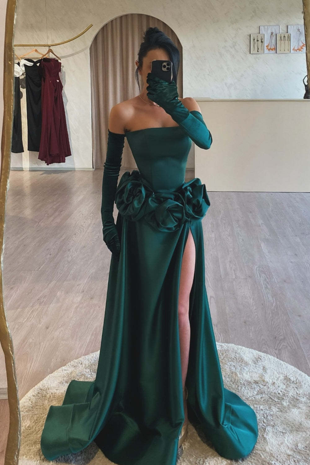 Stunning Dark Green Strapless A-Line Sleeveless Split Front Long Ruffles Satin Prom Dresses