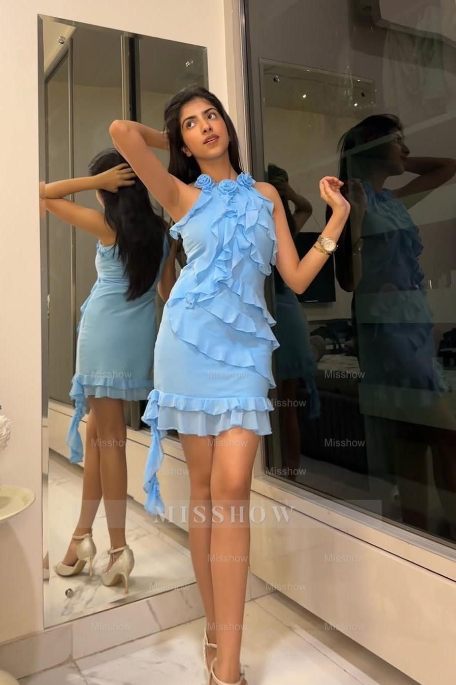 Stunning Halter Sleeveless Short Formal Dress With Ruffles Pleated