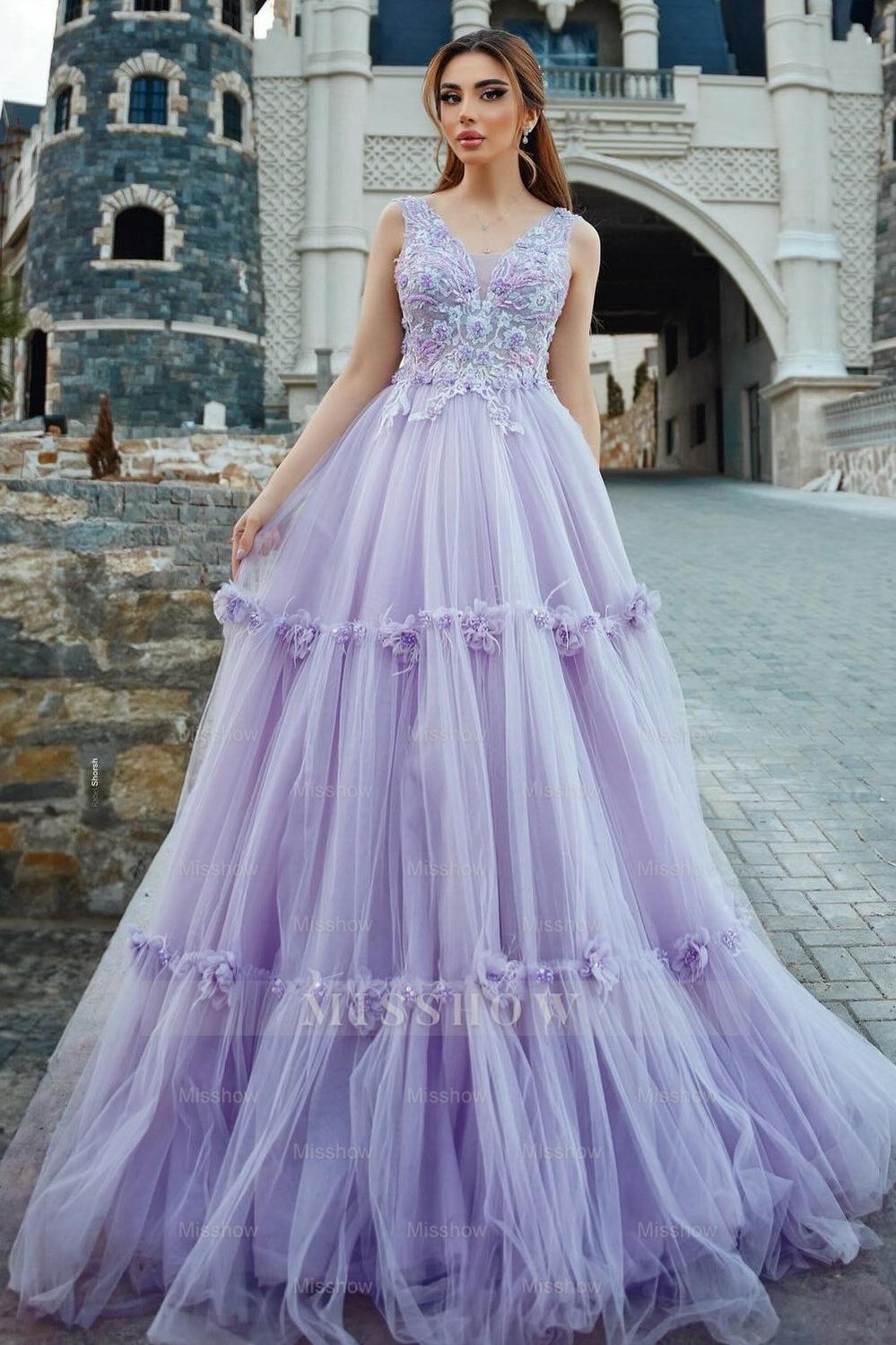 Stunning Lilac A-Line Spaghetti V-Neck Sleeveless Beaded Long Tulle Prom Dress With Appliques