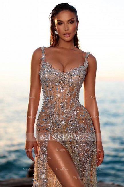 Stunning Long A-line Sequined Beading Sleeveless Prom Evening Dresses with Slit