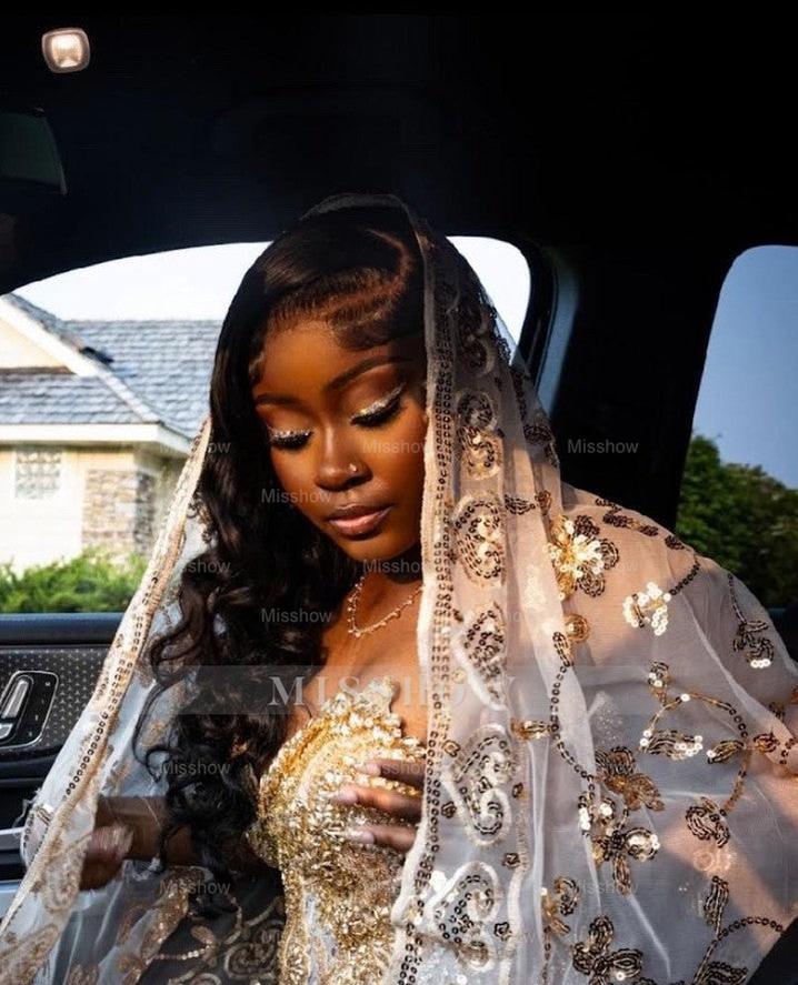 Stunning Long Champagne Mermaid Beaded Split Front Prom Dress with Veil