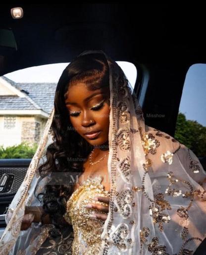 Stunning Long Champagne Mermaid Beaded Split Front Prom Dress with Veil