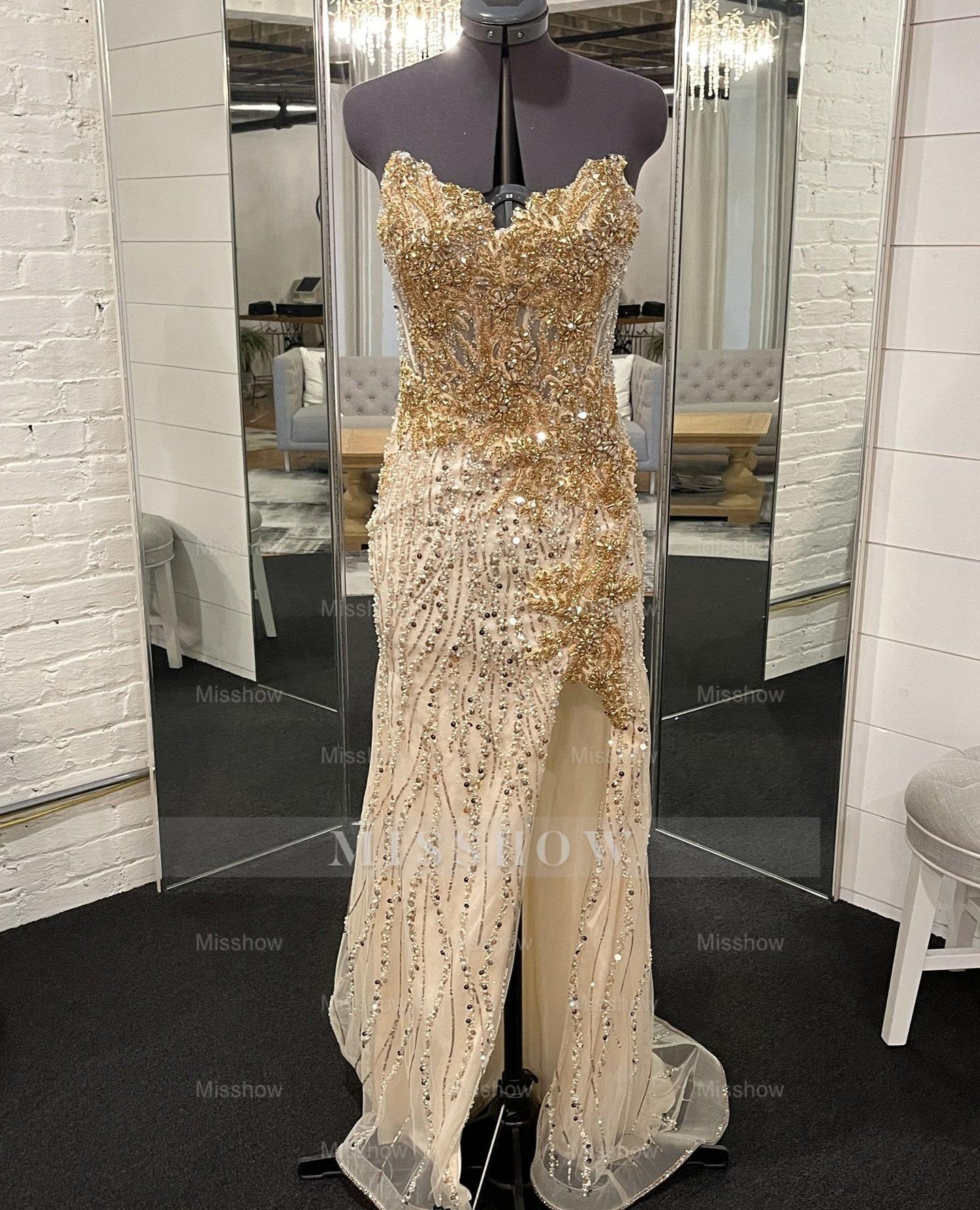 Stunning Long Champagne Mermaid Beaded Split Front Prom Dress with Veil