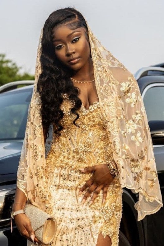Stunning Long Champagne Mermaid Beaded Split Front Prom Dress with Veil