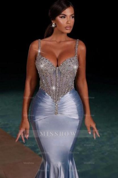 Stunning Long Dusty Blue Mermaid Spaghetti Straps Satin Rhinestones Prom Evening Dresses