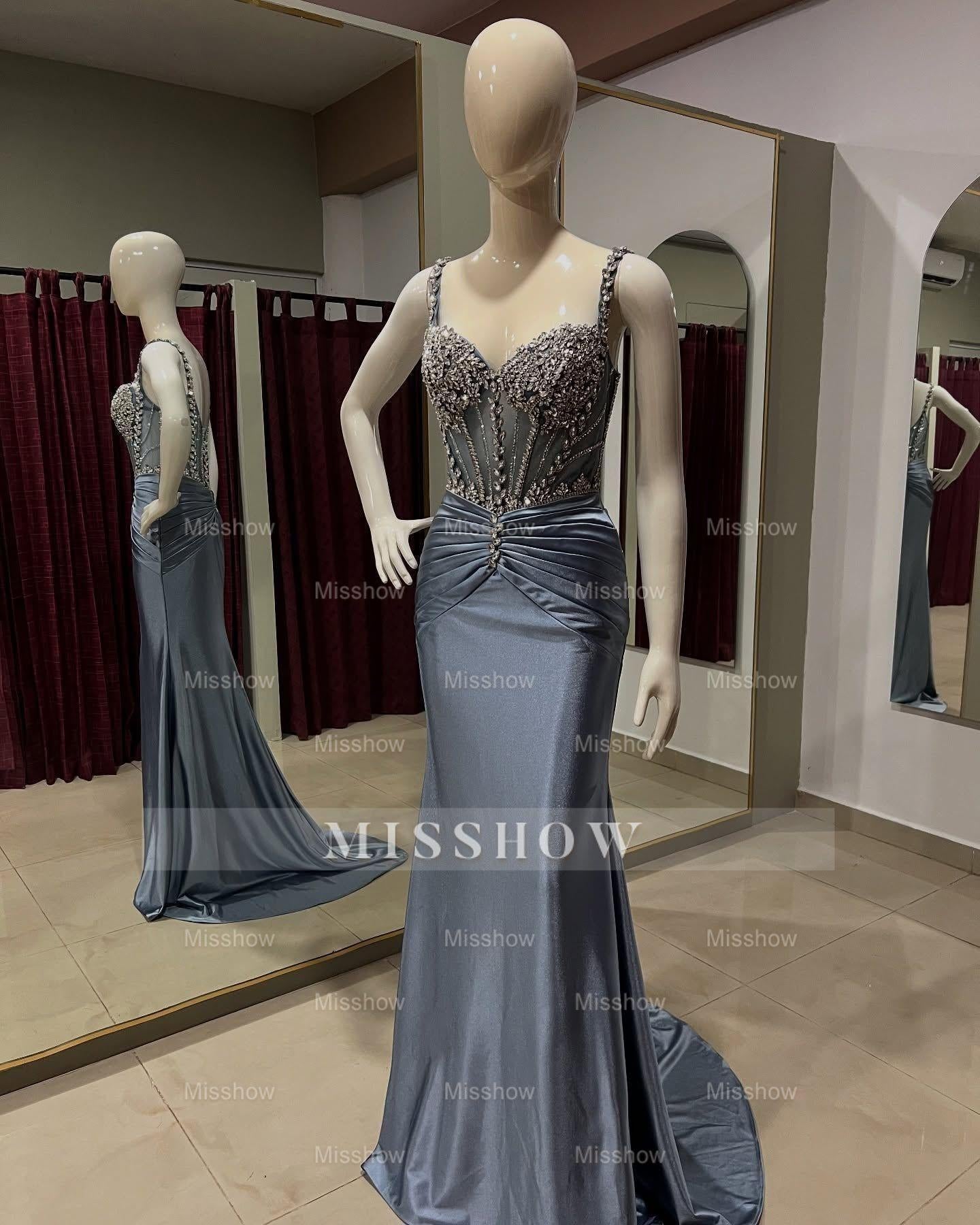 Stunning Long Dusty Blue Mermaid Spaghetti Straps Satin Rhinestones Prom Evening Dresses