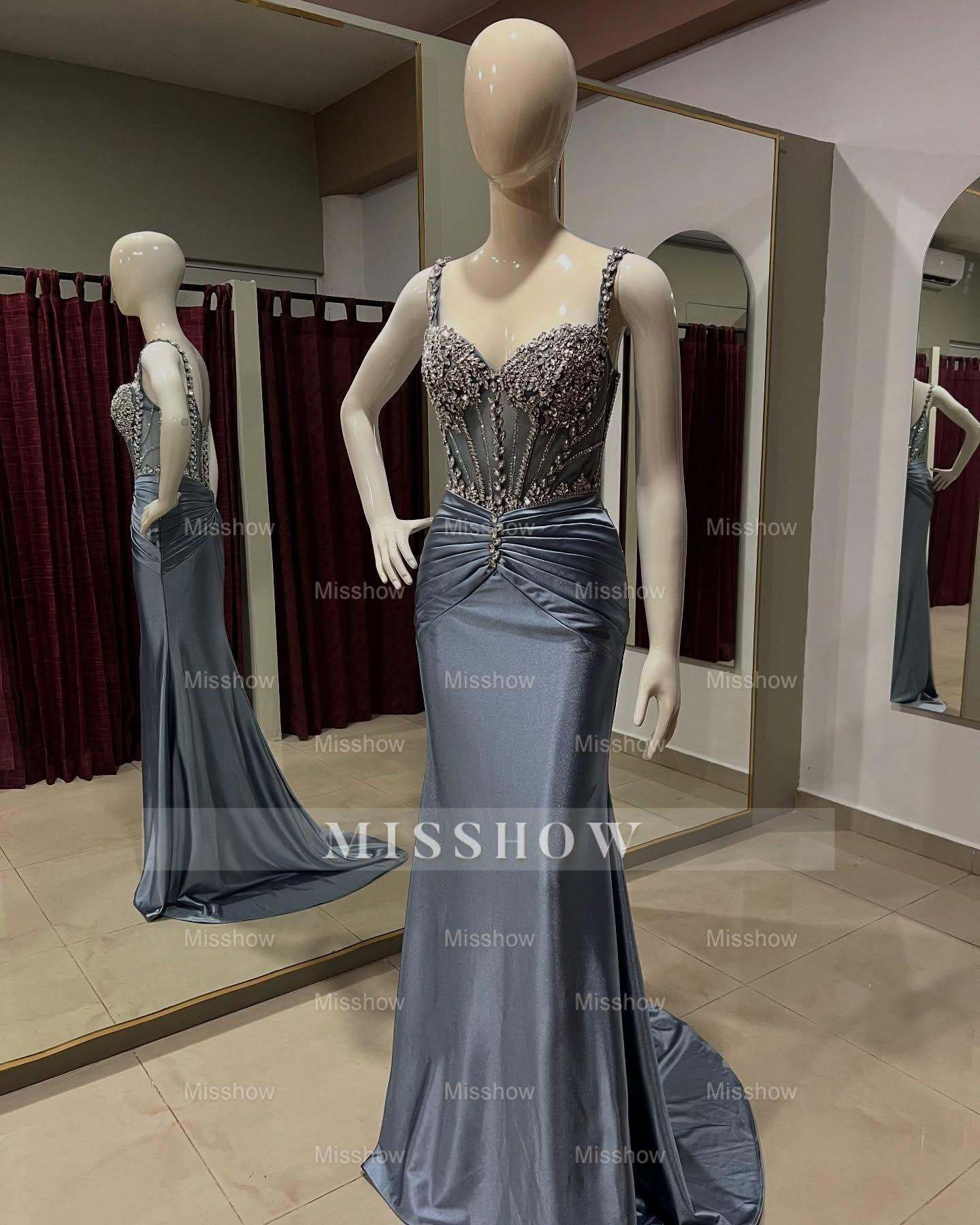 Stunning Long Dusty Blue Mermaid Spaghetti Straps Satin Rhinestones Prom Evening Dresses