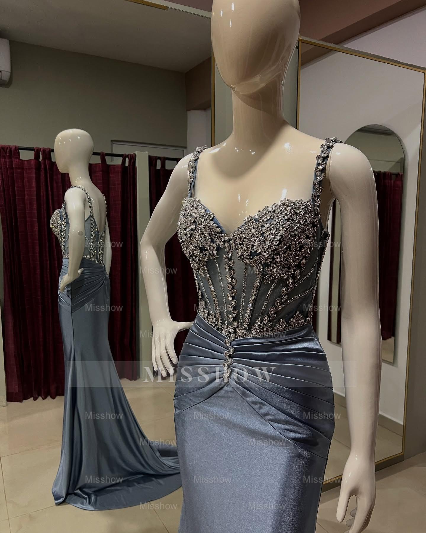 Stunning Long Dusty Blue Mermaid Spaghetti Straps Satin Rhinestones Prom Evening Dresses