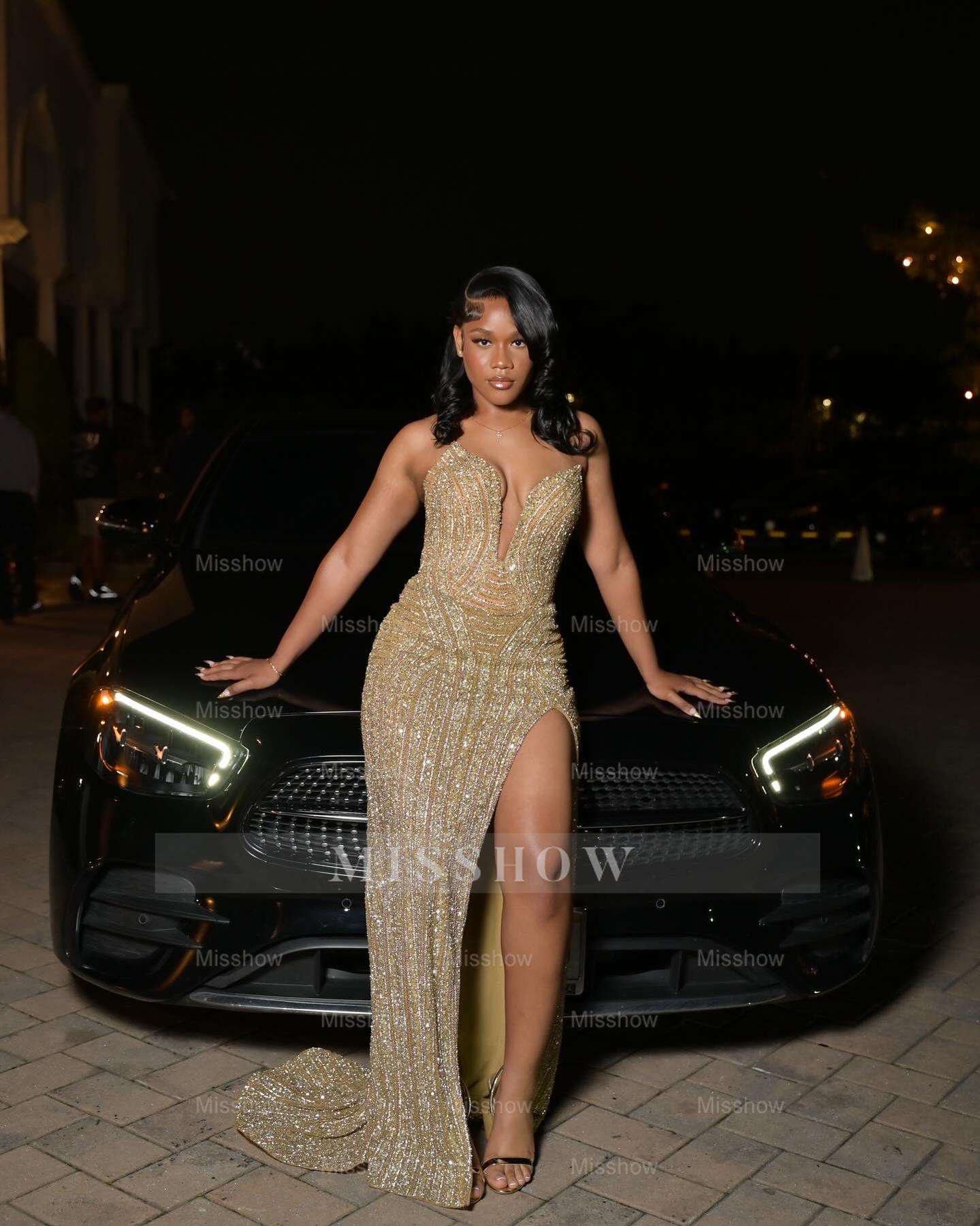 Stunning Long Gold V-Neck Sleeveless Mermaid Prom Dress with Beadings and Sequins