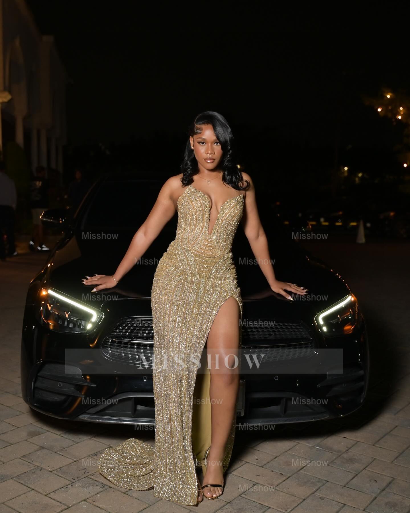 Stunning Long Gold V-Neck Sleeveless Mermaid Prom Dress with Beadings and Sequins