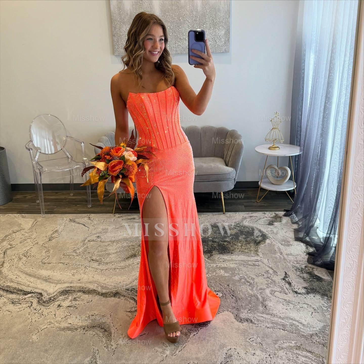 Stunning Long Mermaid Fuchsia Strapless Prom Dress with Slit