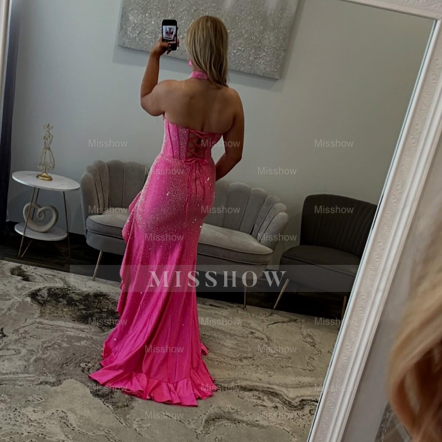 Stunning Long Mermaid Halter Sleeveless Prom Dress with Slit and Ruffles