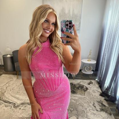 Stunning Long Mermaid Halter Sleeveless Prom Dress with Slit and Ruffles