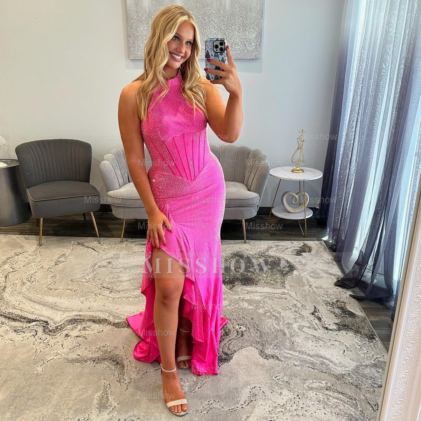 Stunning Long Mermaid Halter Sleeveless Prom Dress with Slit and Ruffles