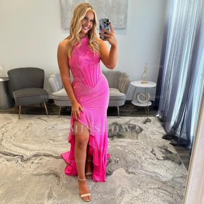 Stunning Long Mermaid Halter Sleeveless Prom Dress with Slit and Ruffles