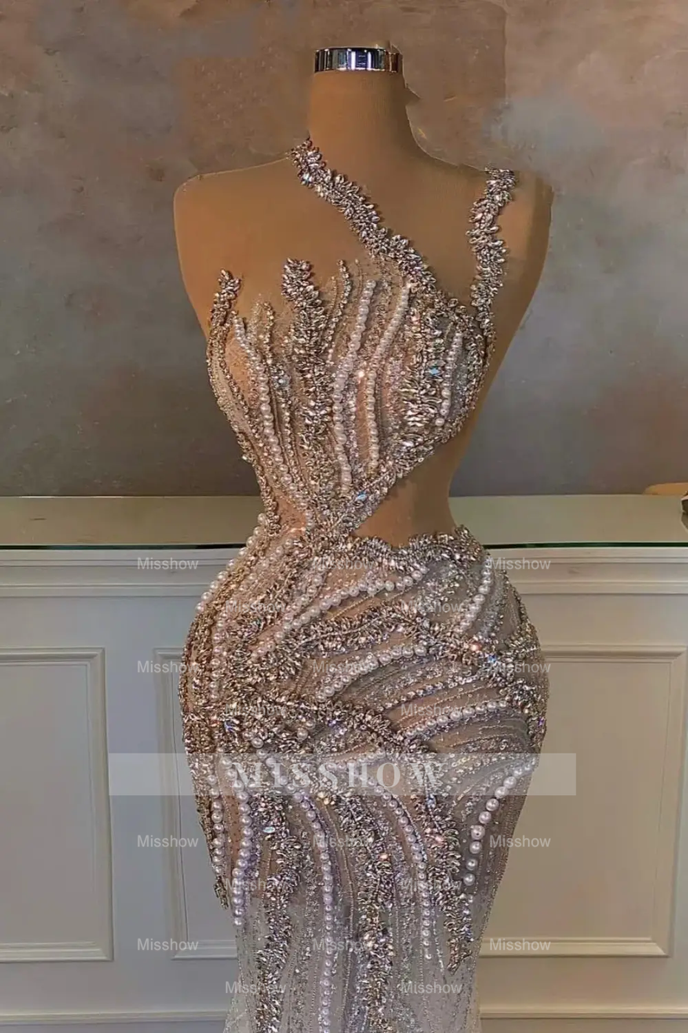 Stunning Long Mermaid One Shoulder Beading Sequined Sleeveless Prom Dress