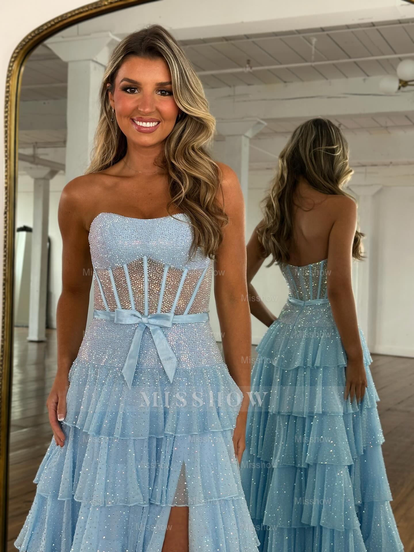 Stunning Long Sky Blue A-line Strapless Glitter Prom Dress with Slit