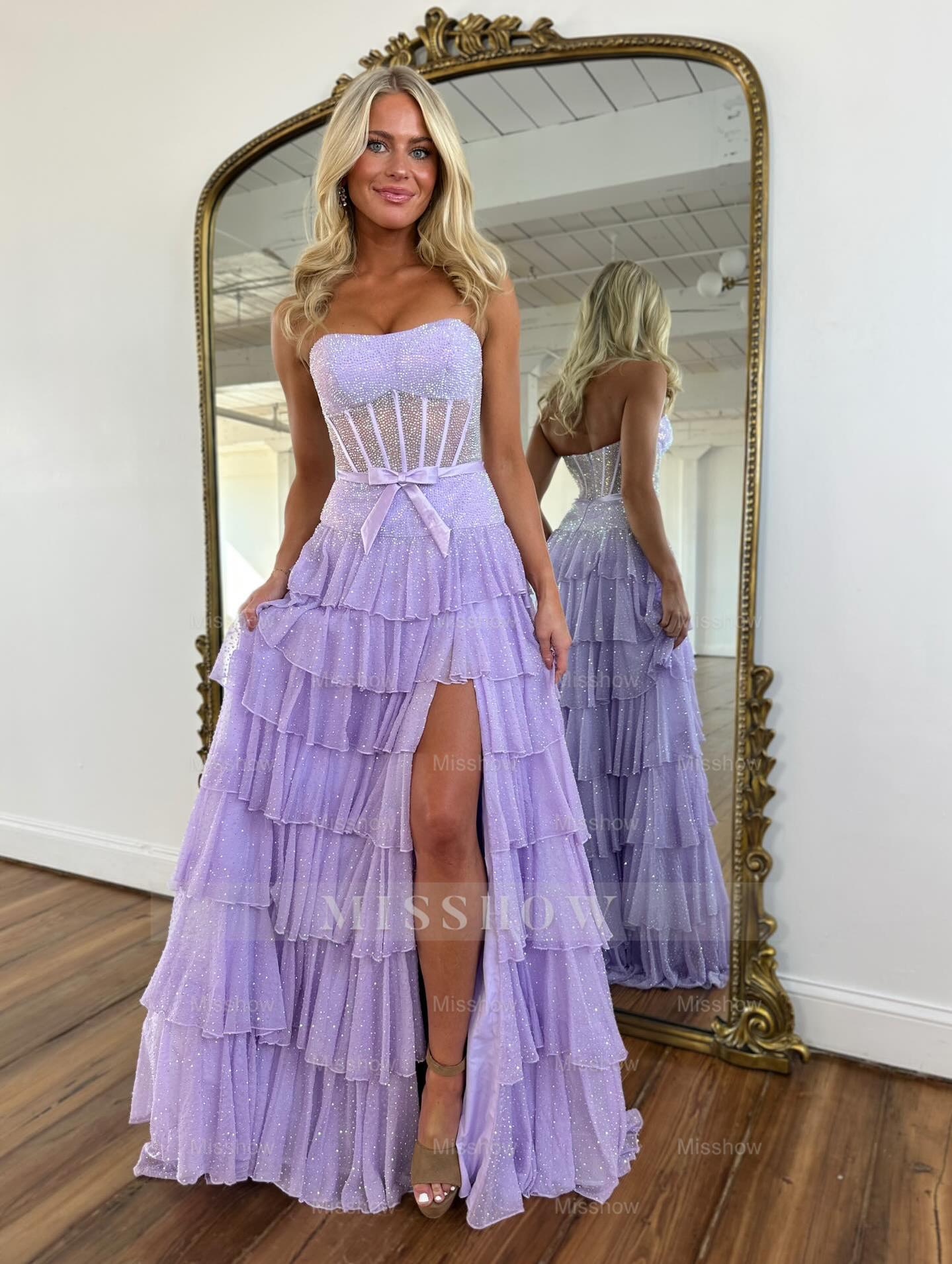 Stunning Long Sky Blue A-line Strapless Glitter Prom Dress with Slit