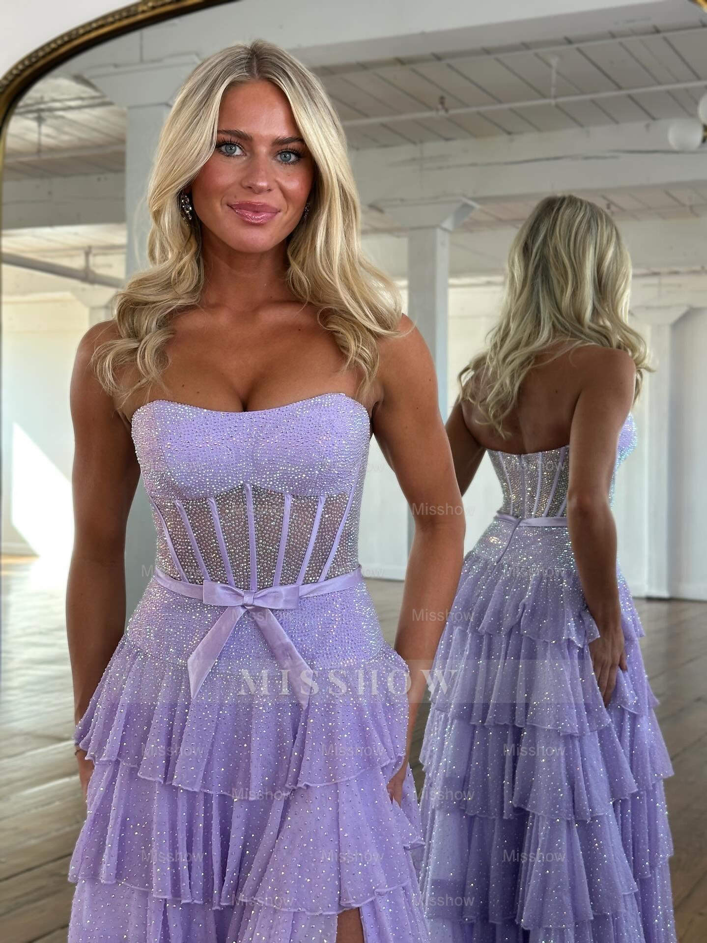 Stunning Long Sky Blue A-line Strapless Glitter Prom Dress with Slit