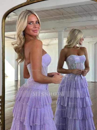 Stunning Long Sky Blue A-line Strapless Glitter Prom Dress with Slit