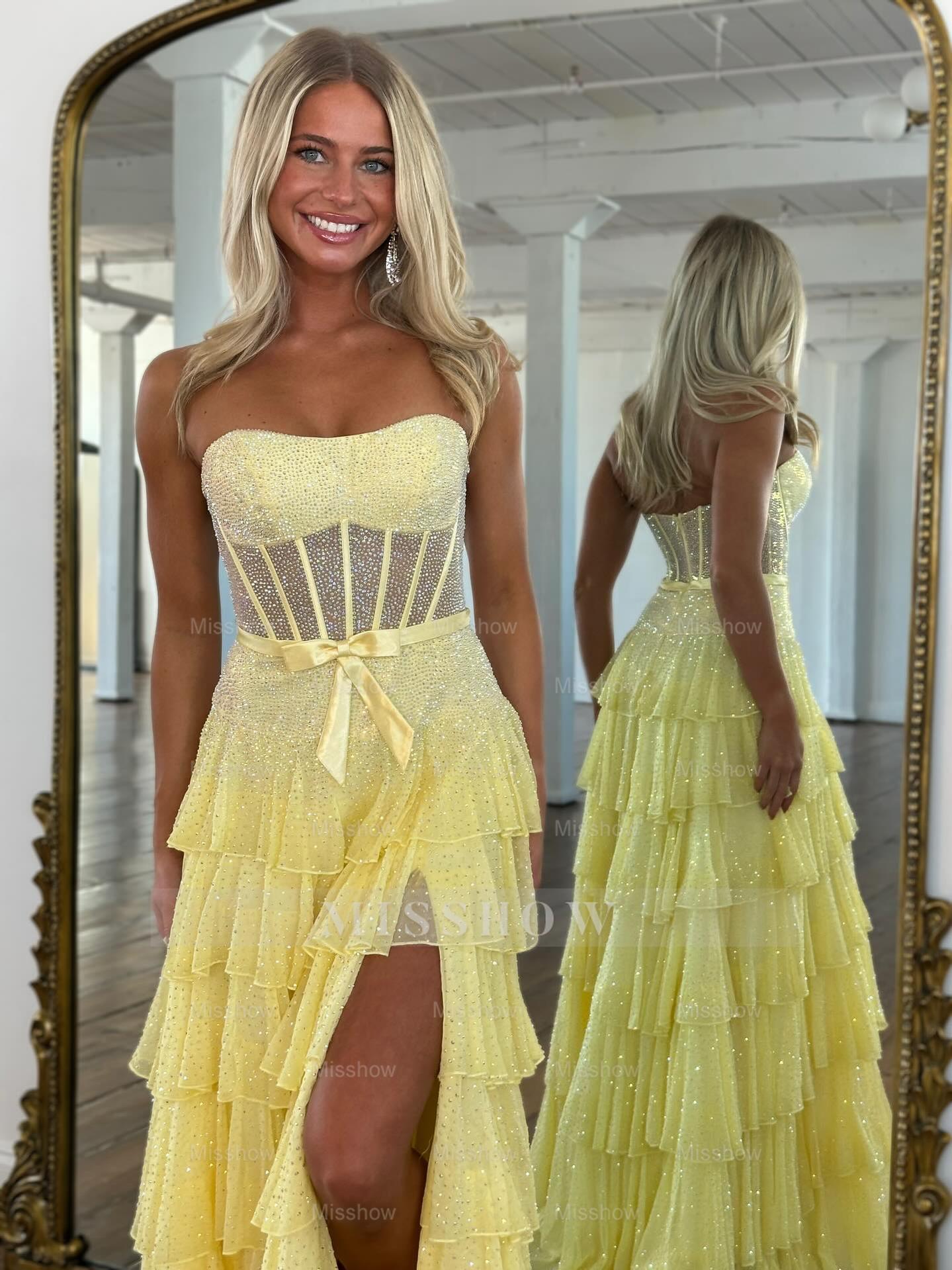 Stunning Long Sky Blue A-line Strapless Glitter Prom Dress with Slit