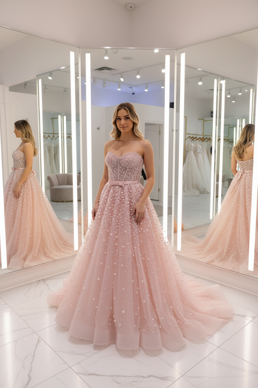 Stunning Pink Pearl Beaded A-Line Ball Gown with Crystal Corset
