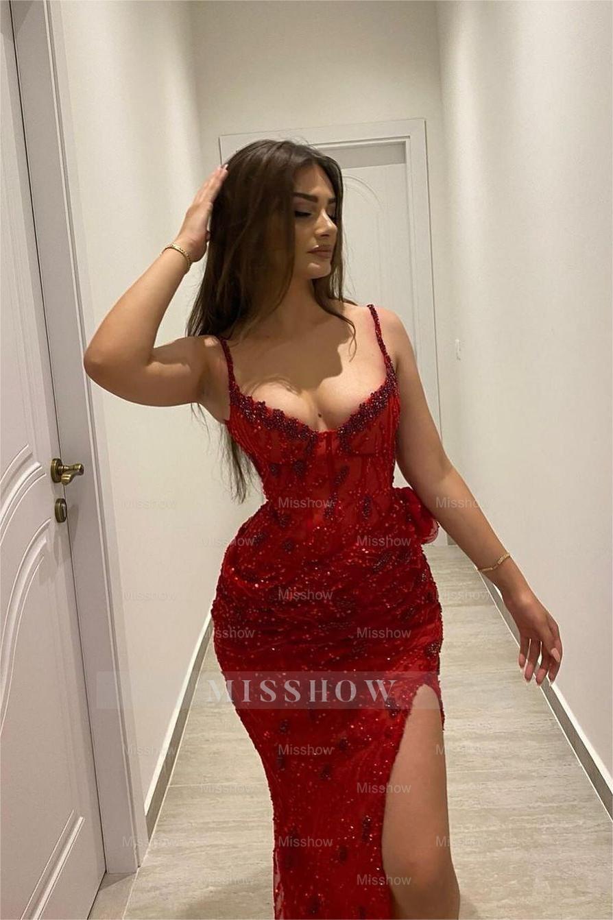 Stunning Red Sequins Spaghetti Strap Sleeveless Long Formal Dress With Split