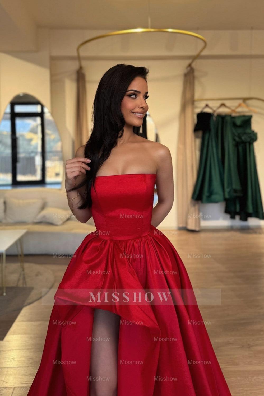 Stunning Red Strapless A-Line Sleeveless Split Front Ball Gown Chapel Train Satin Prom Dresses