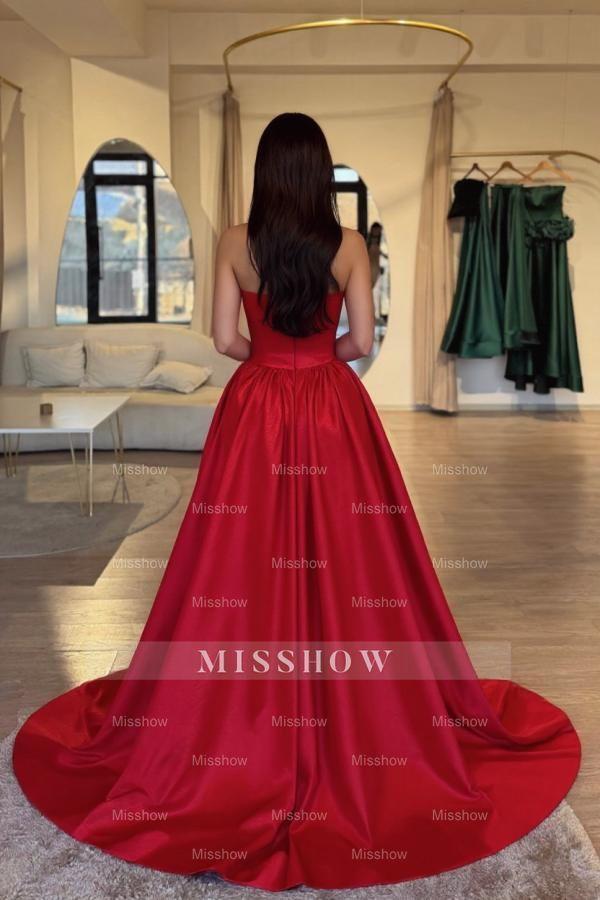 Stunning Red Strapless A-Line Sleeveless Split Front Ball Gown Chapel Train Satin Prom Dresses