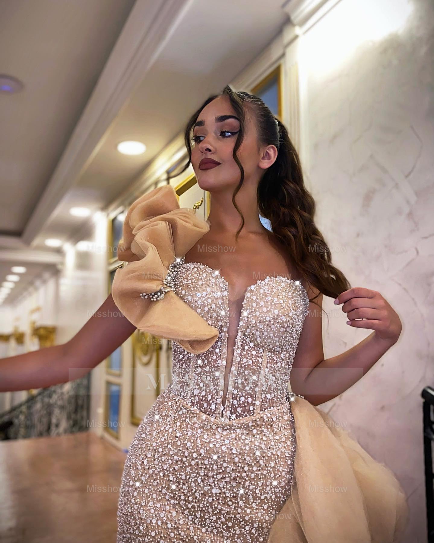 Stunning Sequins Sweetheart One Shoulder Sleeveless Formal Dress With Ruffles