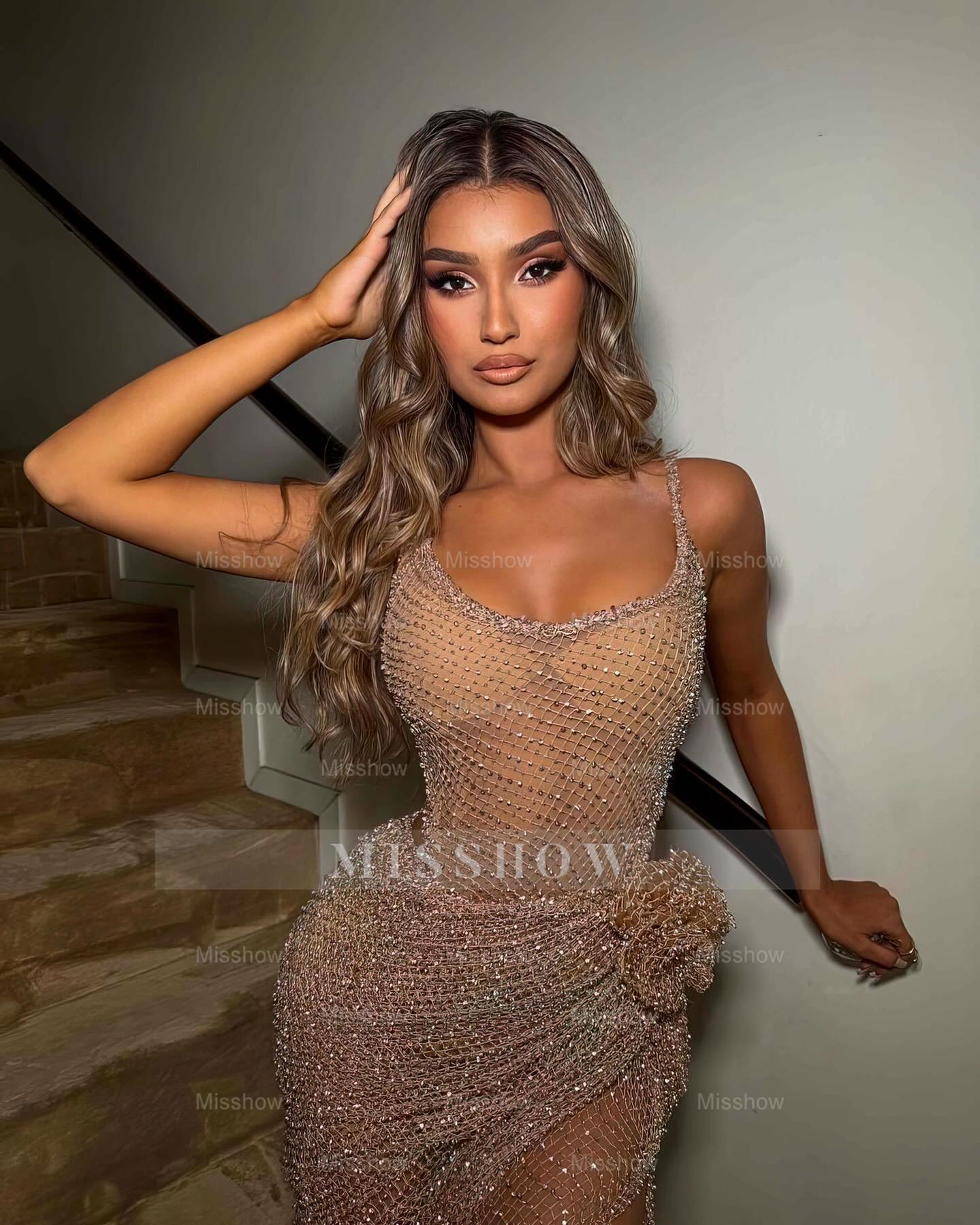 Stunning Sheath Spaghetti Strap Champagne Long Split Formal Dress