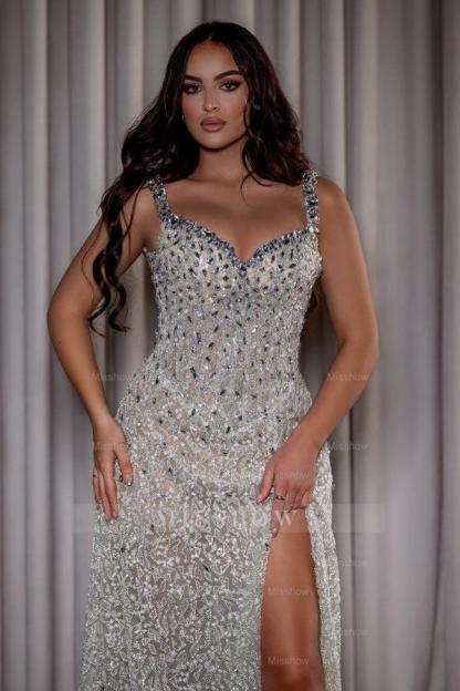 Stunning Silver V-Neck Spaghetti Straps Lace A-line Prom Dress with Rhinestones and Slit