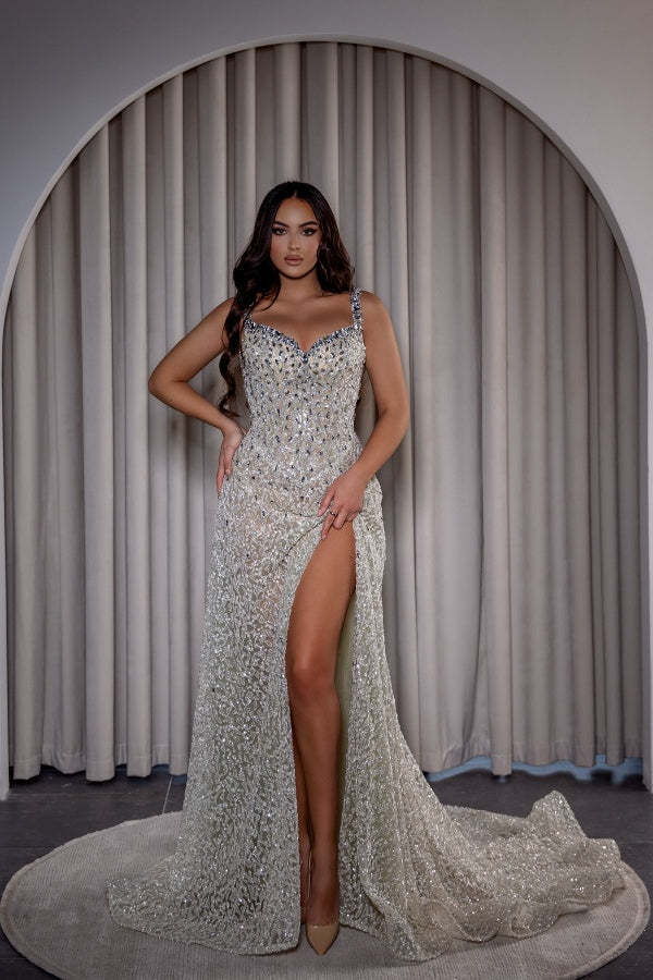 Stunning Silver V-Neck Spaghetti Straps Lace A-line Prom Dress with Rhinestones and Slit