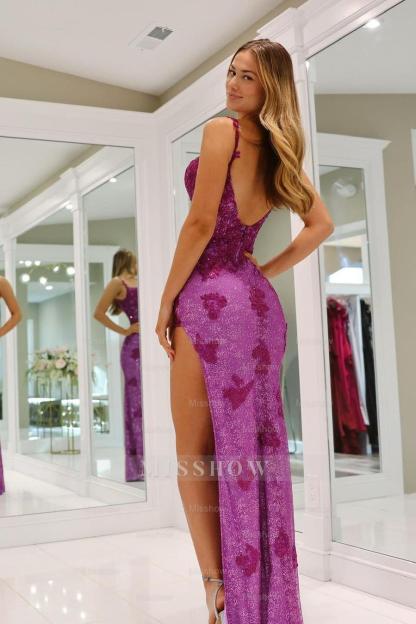 Stunning Spaghetti Strap Sleeveless Appliques Formal Dress With High Split