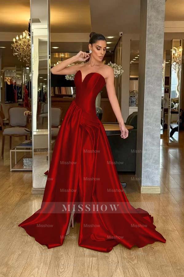 Stunning Strapless Sleeveless Long Split Formal Dress With Pleated