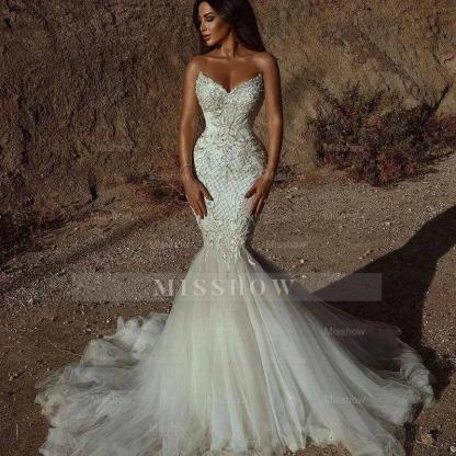 Stunning Sweetheart Beading Mermaid Wedding Gown Sleeveless Tulle Bridal Dress