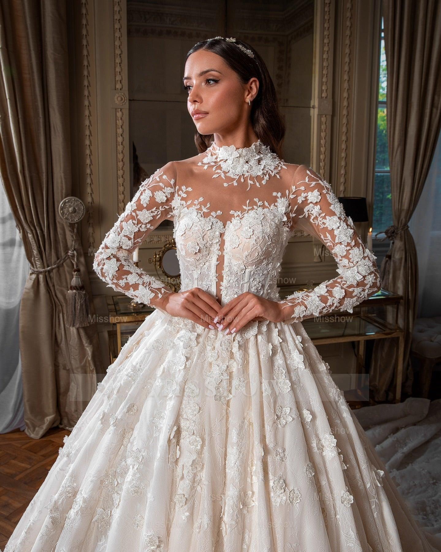 Stunning White High-Neck Ball Gown Beaded Long Sleeves Cathedral Train Lace Wedding Dresses With Appliques