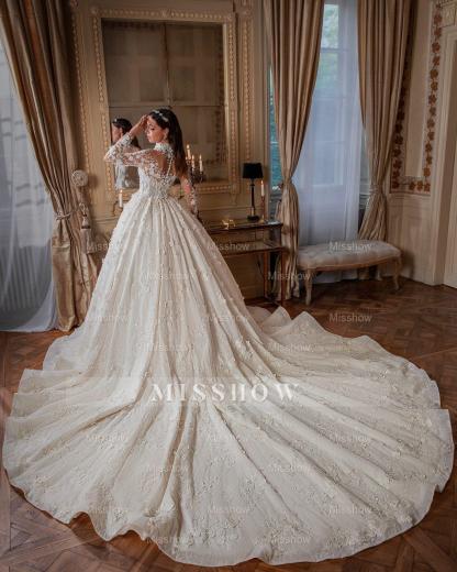 Stunning White High-Neck Ball Gown Beaded Long Sleeves Cathedral Train Lace Wedding Dresses With Appliques