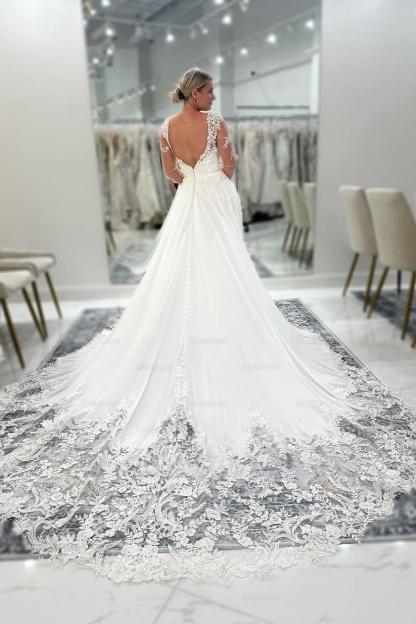 Stunning White Lace A-Line V-Neck Backless Long Sleeves Cathedral Train Chiffon Wedding Dresses