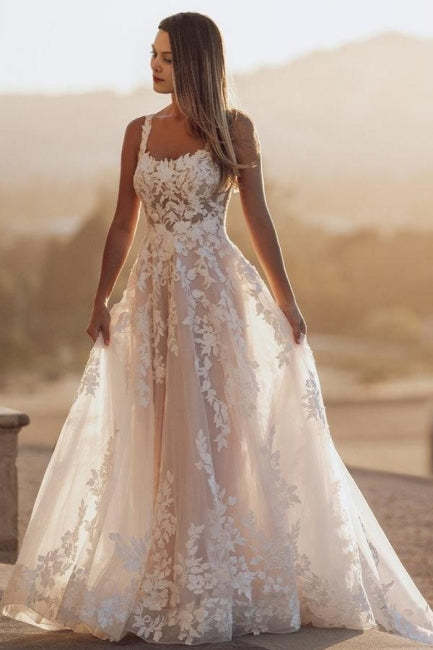 Stunning White Square Spaghetti strap A-Line Sleeveless Court Train Tulle Wedding Dresses With Appliques