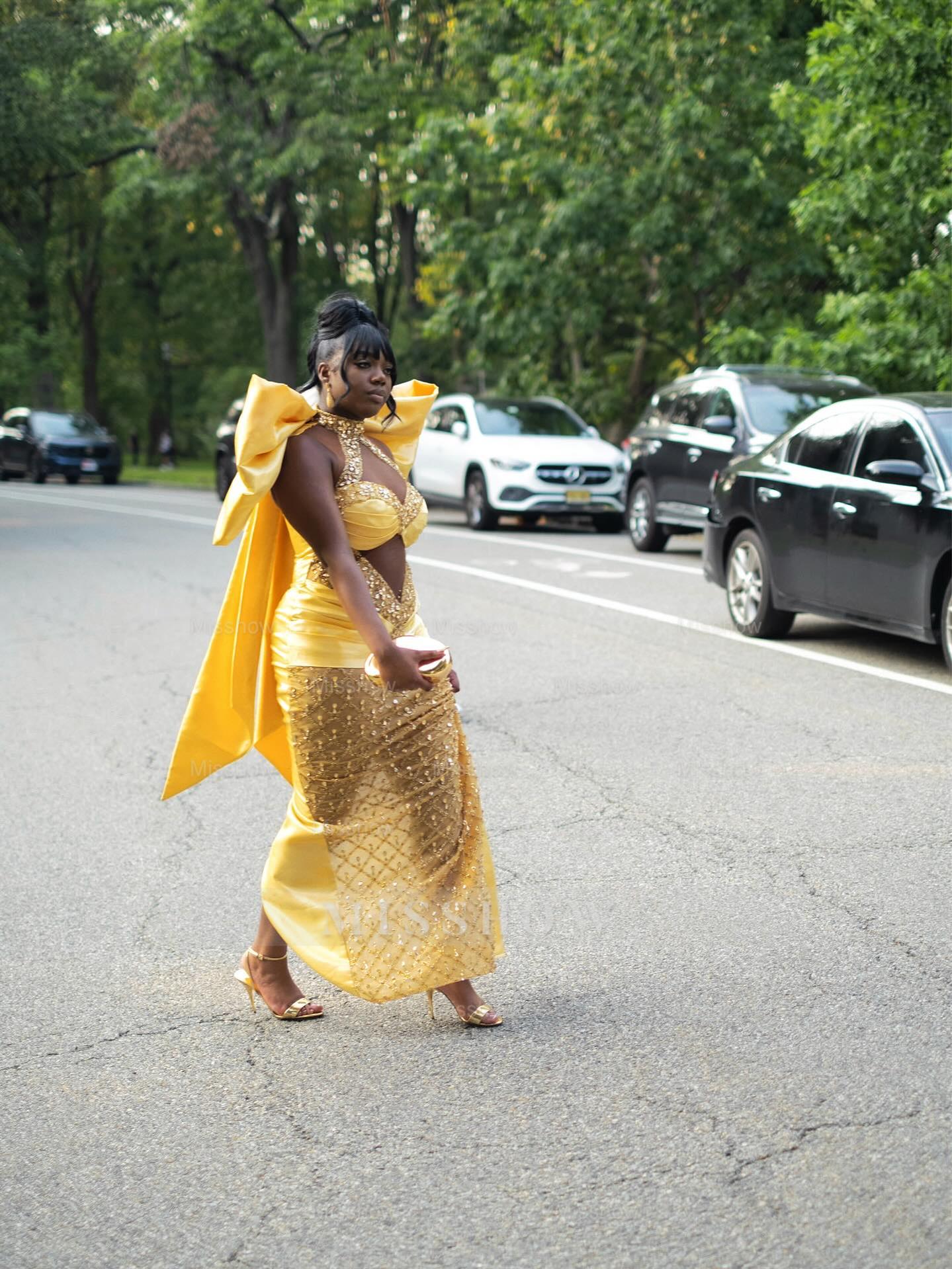 Stunning Yellow High Neck Sleeveless Column Prom Dress with Rhinestones and Bow