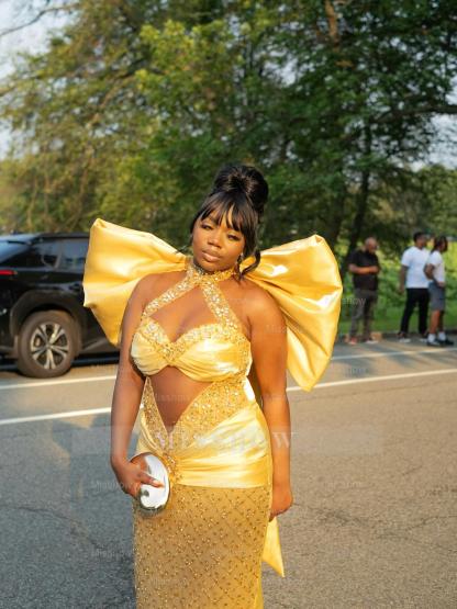 Stunning Yellow High Neck Sleeveless Column Prom Dress with Rhinestones and Bow