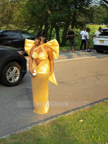 Stunning Yellow High Neck Sleeveless Column Prom Dress with Rhinestones and Bow