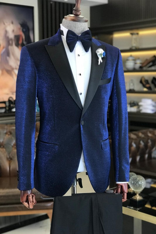 Stylish Deep Blue Peaked Lapel Prom Suit Ensemble for Men