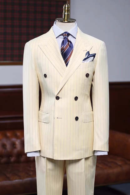 Stylish Ivory Peaked Lapel Double Breasted Striped Prom Ensemble