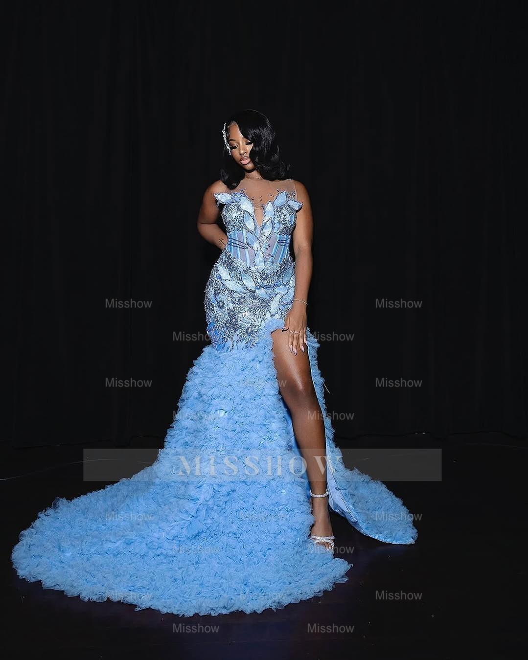 Stylish Long Blue Sweetheart Sleeveless Mermaid Prom Dress with Ruffles and Slit